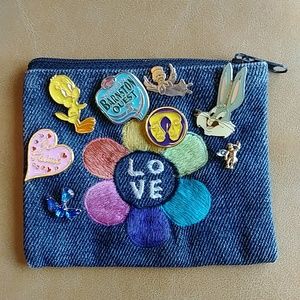 Vintage denim wallet pouch with 8 pins enameled Tweety Bugs Bunny Angel Heart